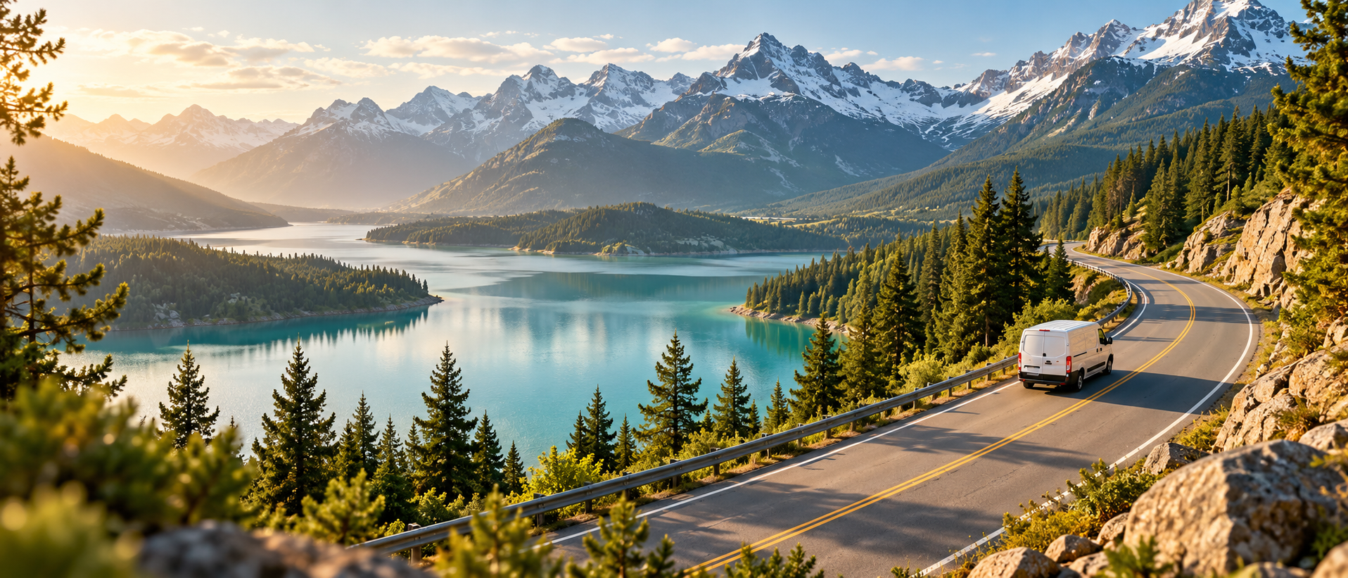 Moving van traveling along a mountain lake